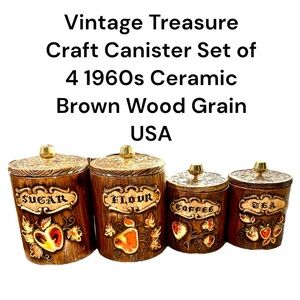 Vintage Treasure Craft Canister Set of 4 1960s Ceramic Brown Wood Grain USA